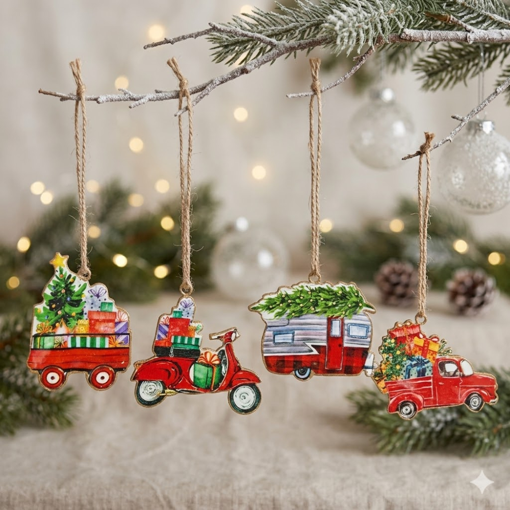 Weihnachten auf vier Rädern – 4er-Set festliche Fahrzeug-Anhänger